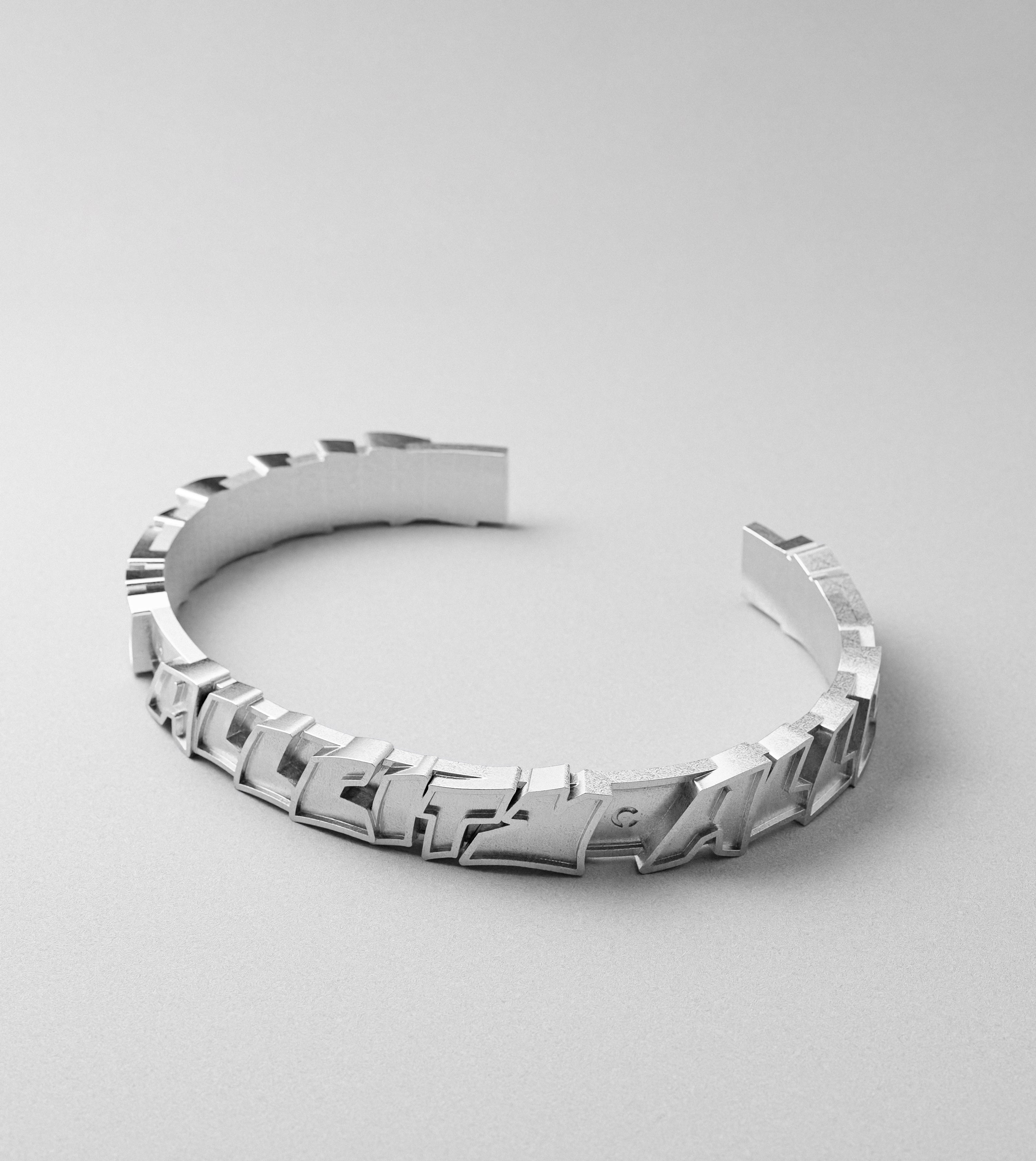 All City block letters silver bracelet by Cast Pieces, product detail