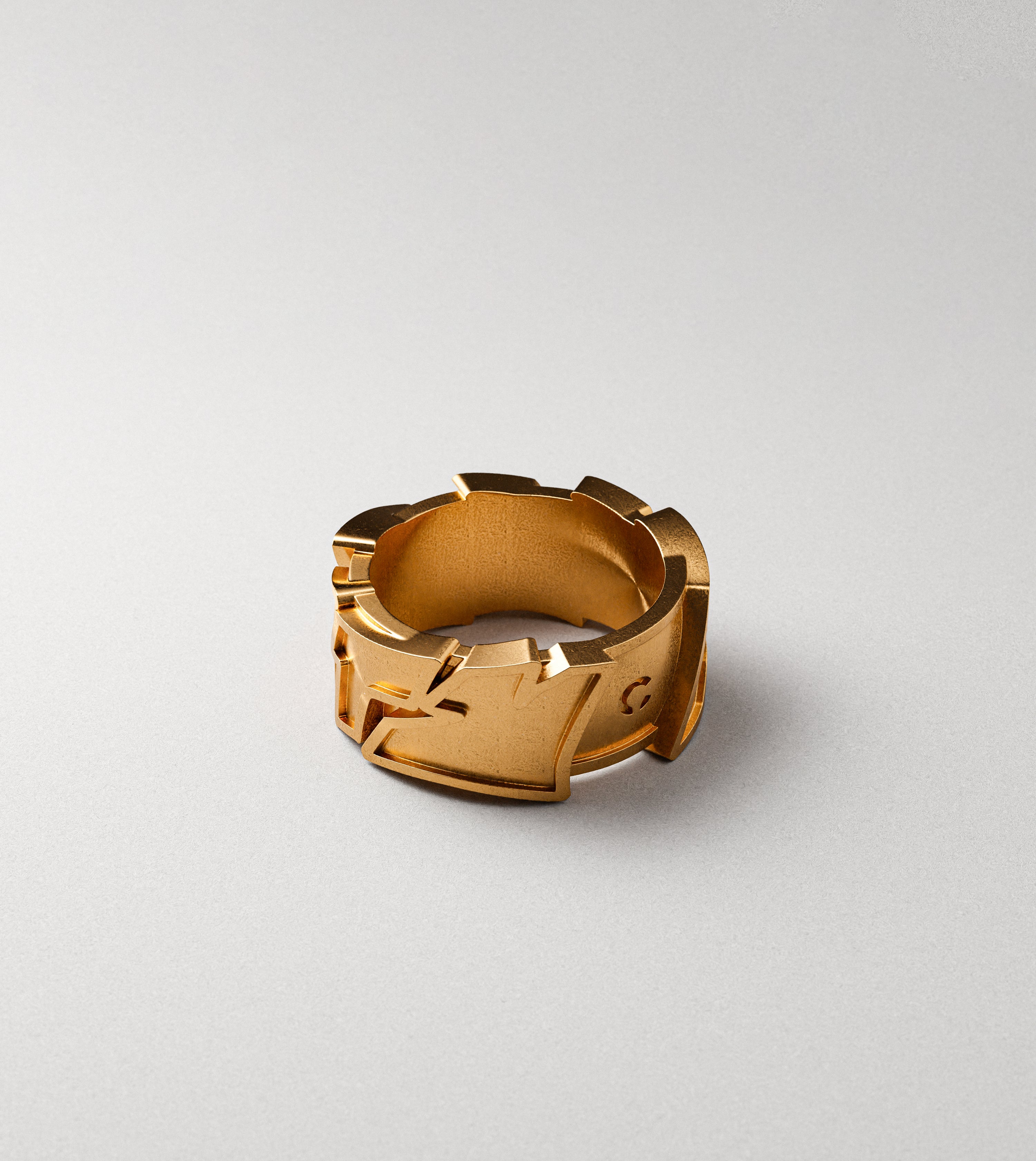 All City block letters gold ring by Cast Pieces, side view