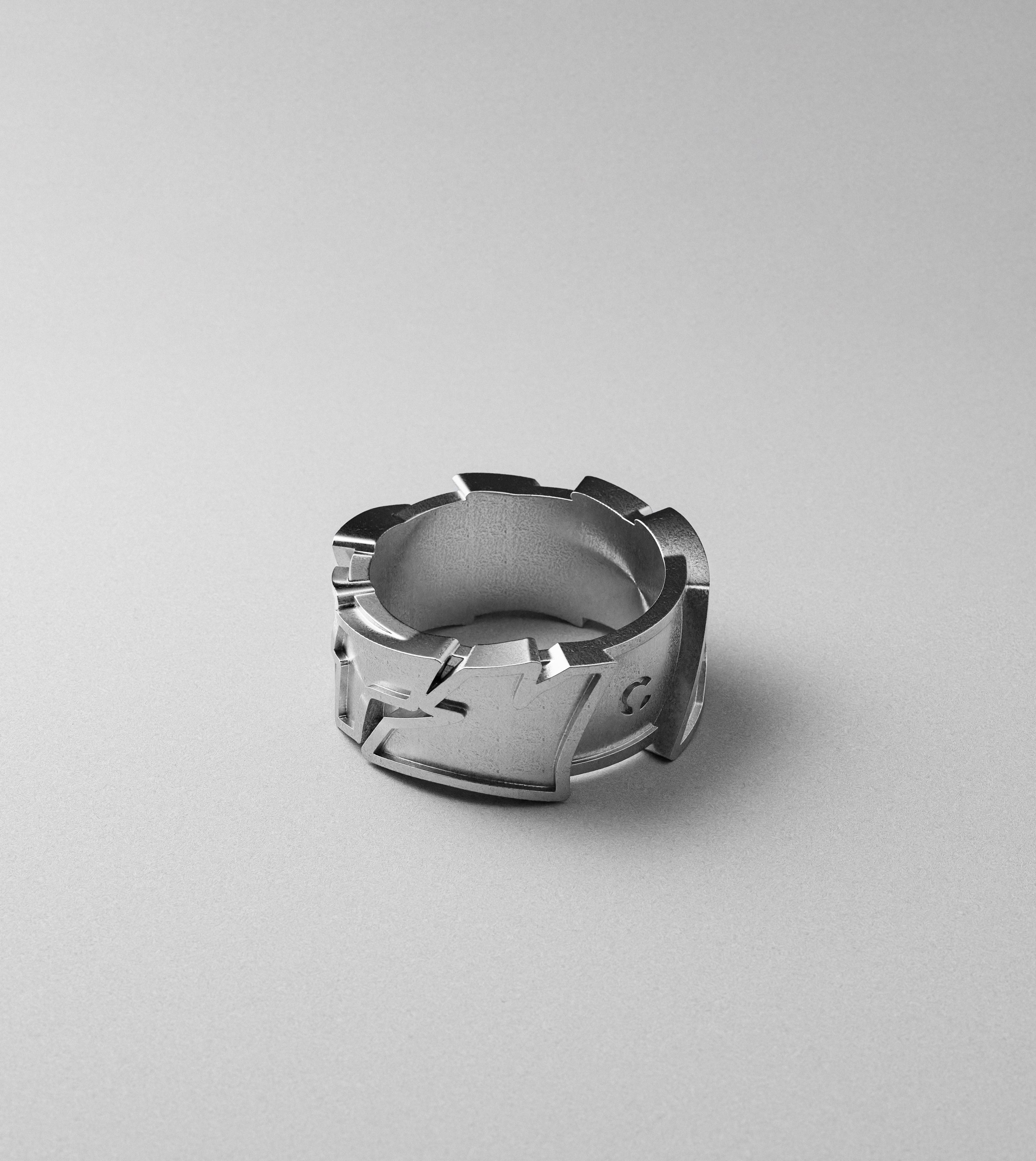 All City block letters silver ring by Cast Pieces, top view