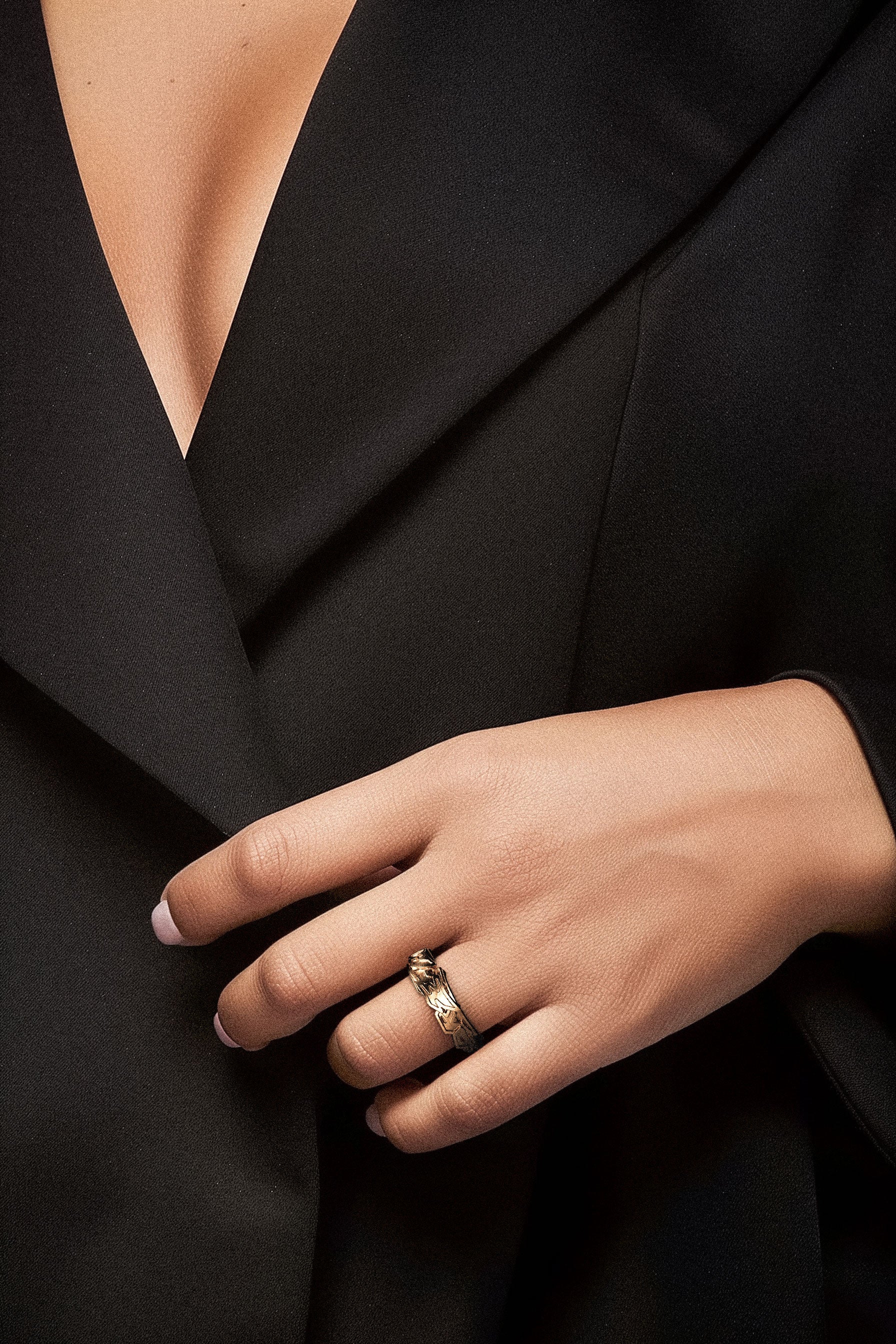 Model wearing Cast Pieces gold Dream Narrow Ring, clean and modern urban designer jewelry by Castpieces