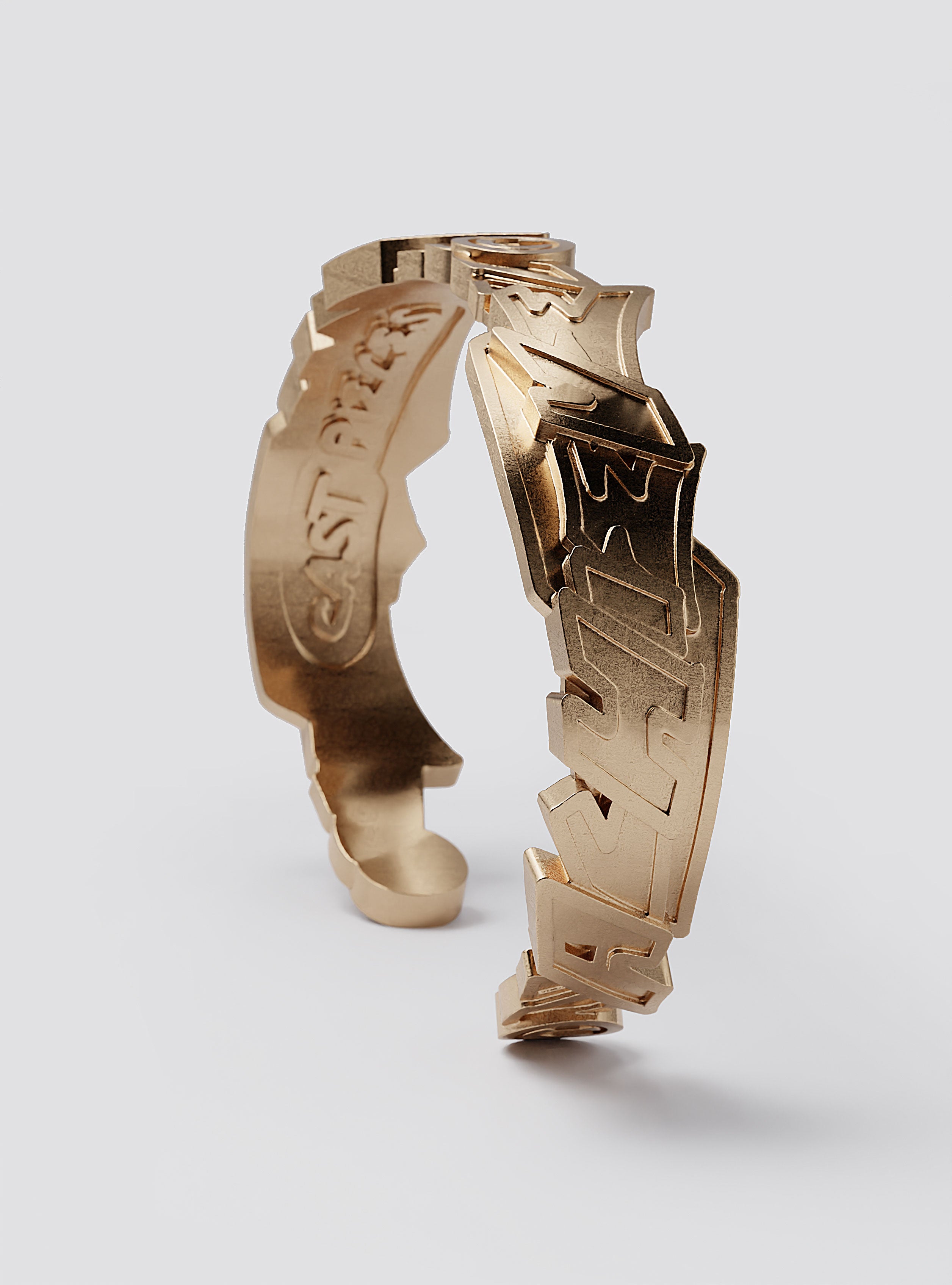 Side view of Cast Pieces gold Achieve wide cuff bracelet, statement jewelry by Castpieces